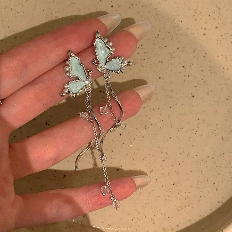 Light Blue Butterfly Tassel Earrings