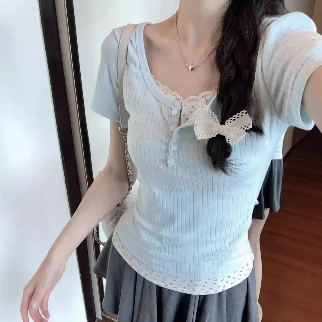 Lace Edge Spliced Two-Piece T-Shirt