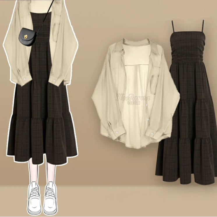 Clothing Paired with Chiffon Sunscreen Shirt and Suspender Dress Two-piece Set