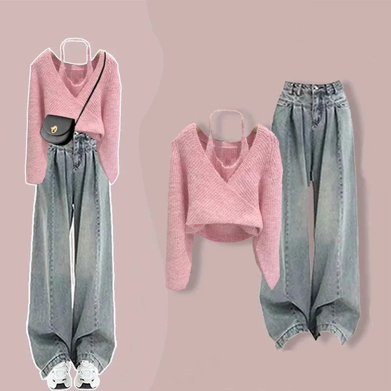 Women's Edition Knitted Top and High Waist Jeans Set