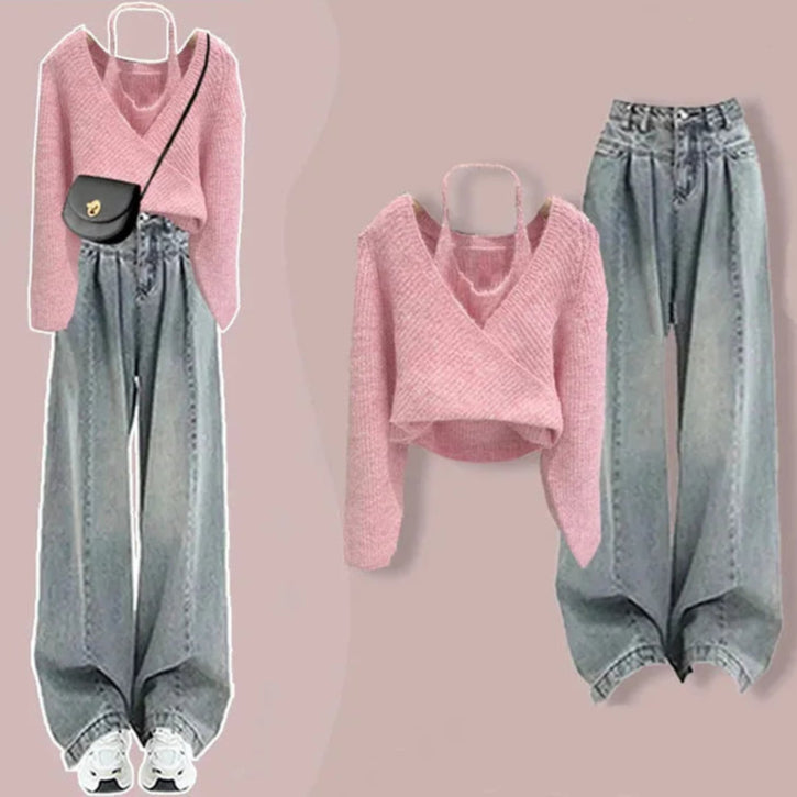 Women's Edition Knitted Top and High Waist Jeans Set