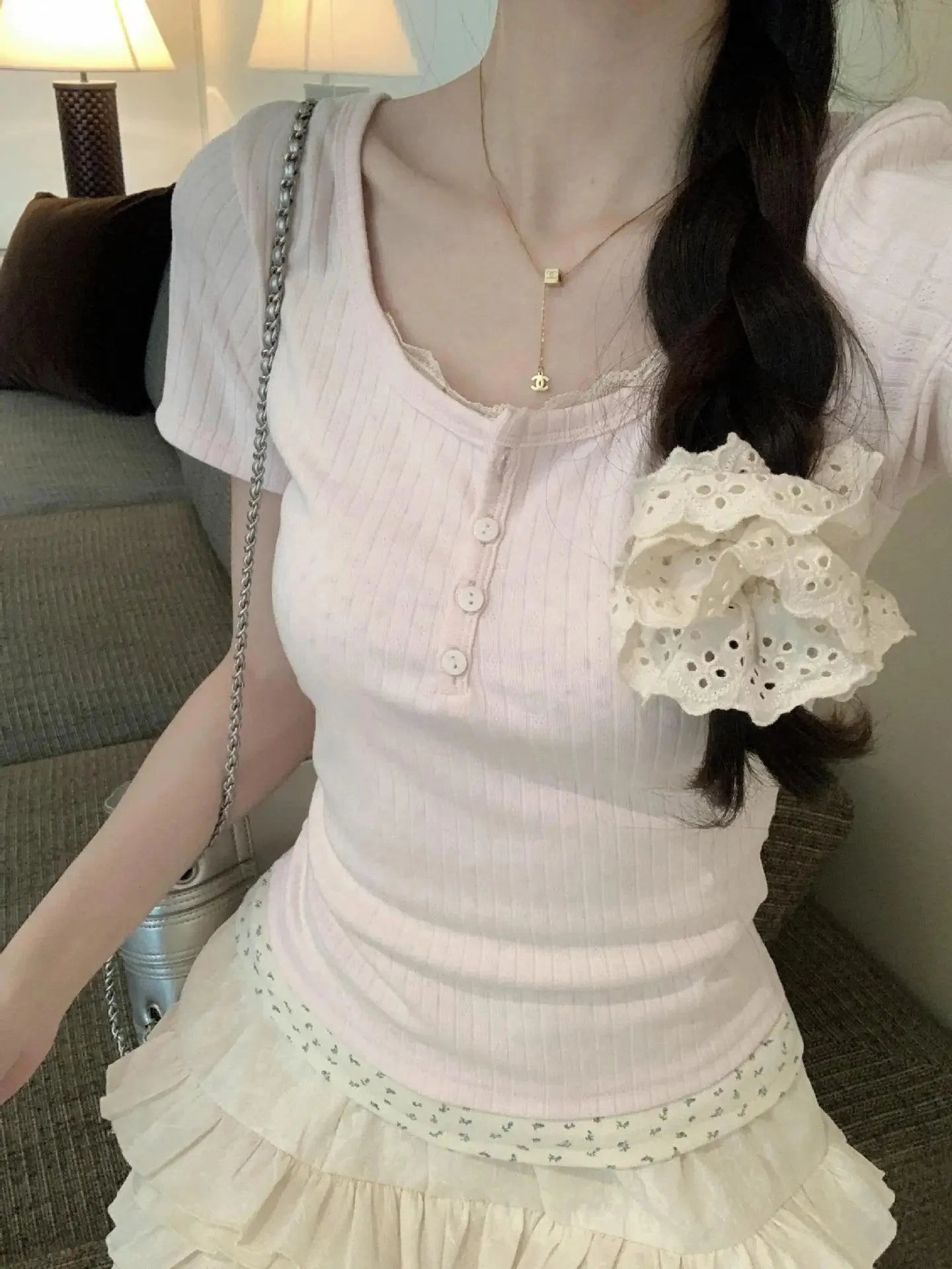 Lace Edge Spliced Two-Piece T-Shirt