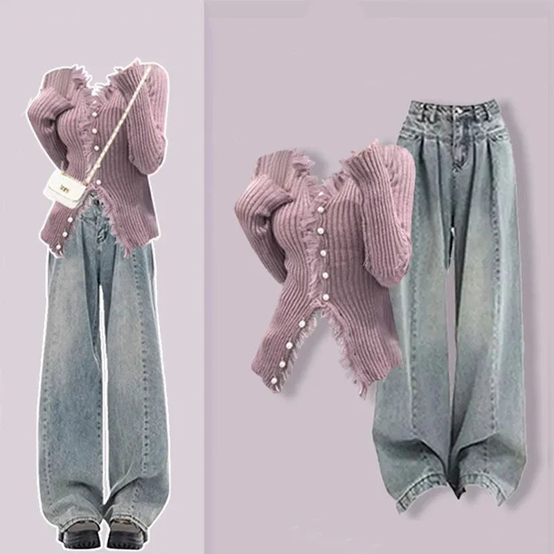 Women's Edition Knitted Top and High Waist Jeans Set