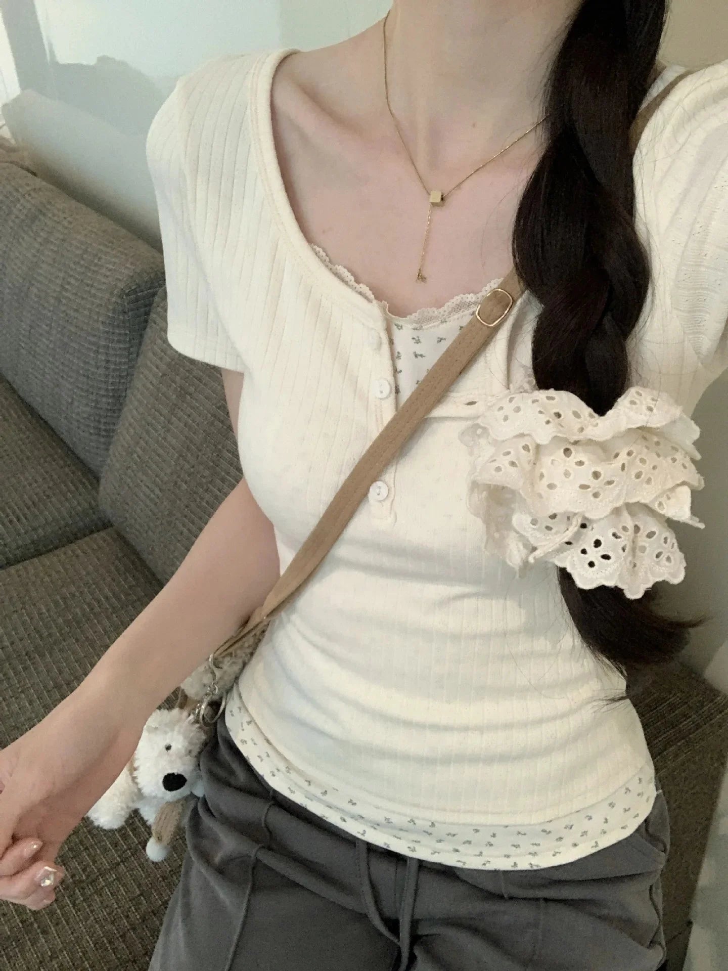 Lace Edge Spliced Two-Piece T-Shirt
