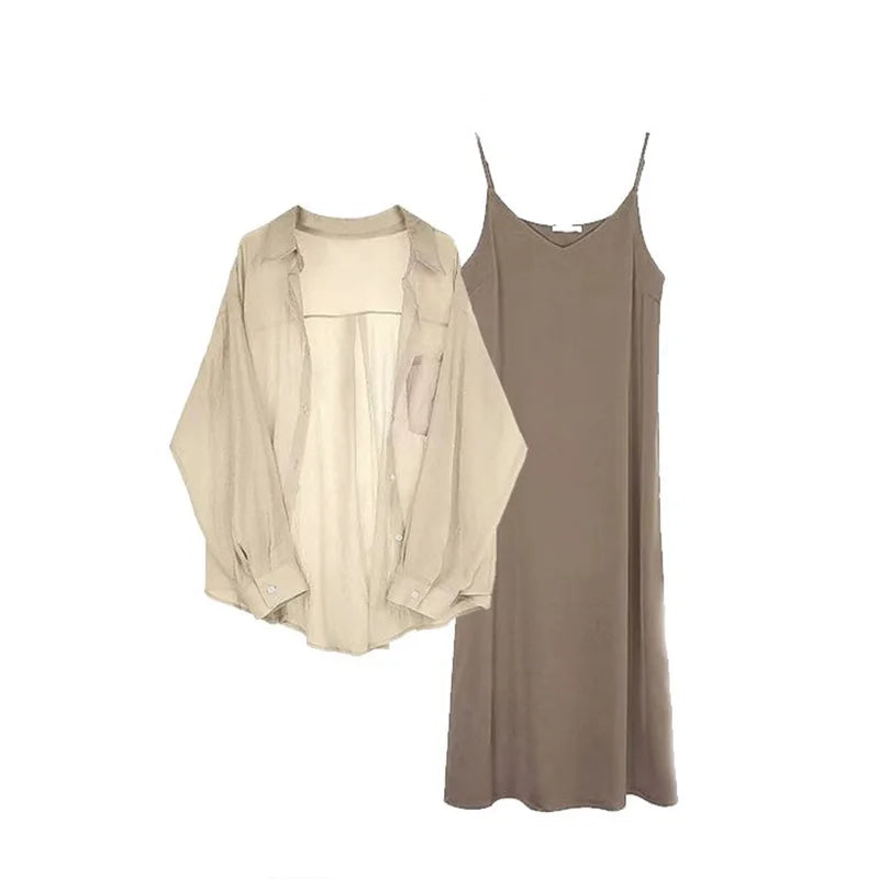 Clothing Paired with Chiffon Sunscreen Shirt and Suspender Dress Two-piece Set