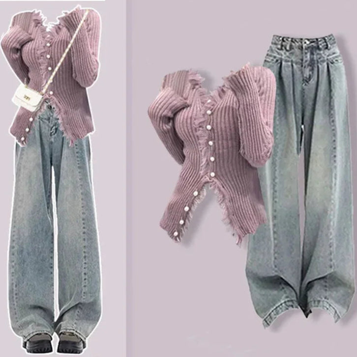 Women's Edition Knitted Top and High Waist Jeans Set