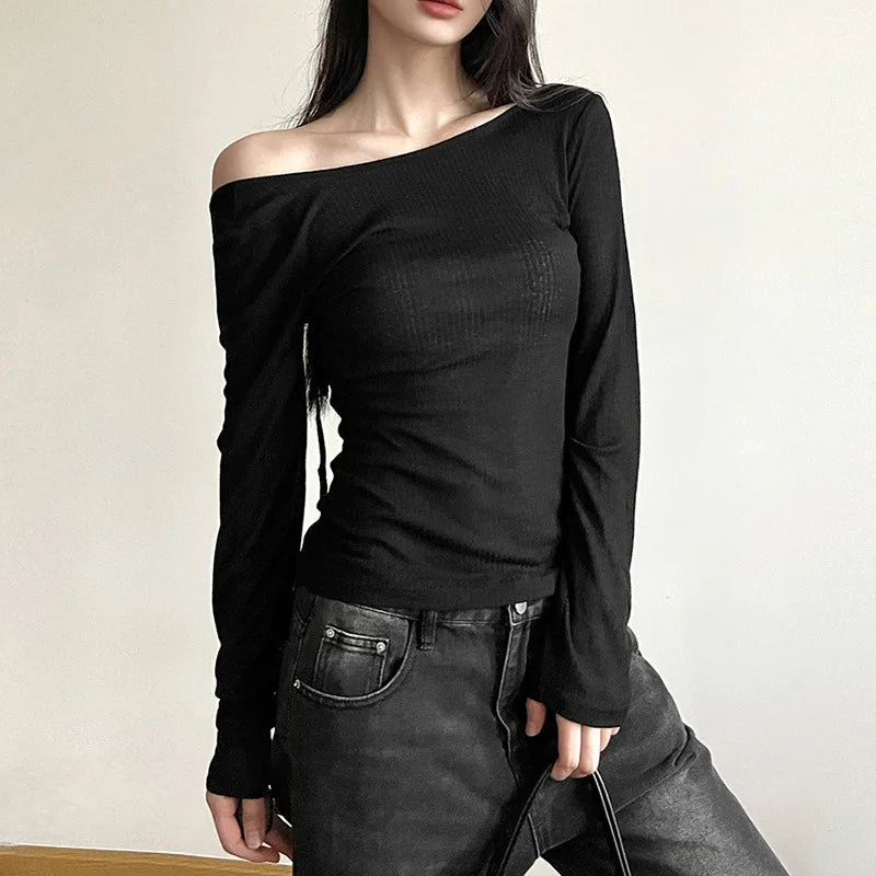 Long-sleeved Slash Neck Crops Tops Elastic
