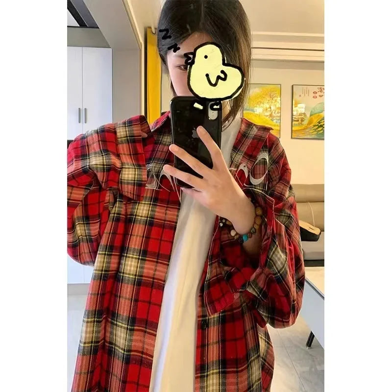 Embroidery Red Plaid Shirt