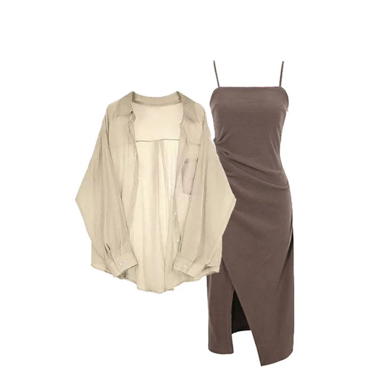 Summer Set for Women 2025 New Oversized Women's Clothing Paired with Chiffon Sunscreen Shirt and Suspender Dress Two-piece Set