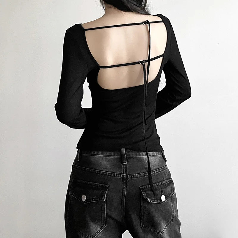 Long-sleeved Slash Neck Crops Tops Elastic