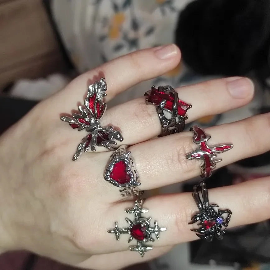 Goth Punk Retro Red Crystal  Ring