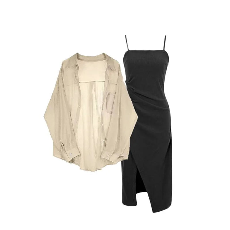 Summer Set for Women 2025 New Oversized Women's Clothing Paired with Chiffon Sunscreen Shirt and Suspender Dress Two-piece Set