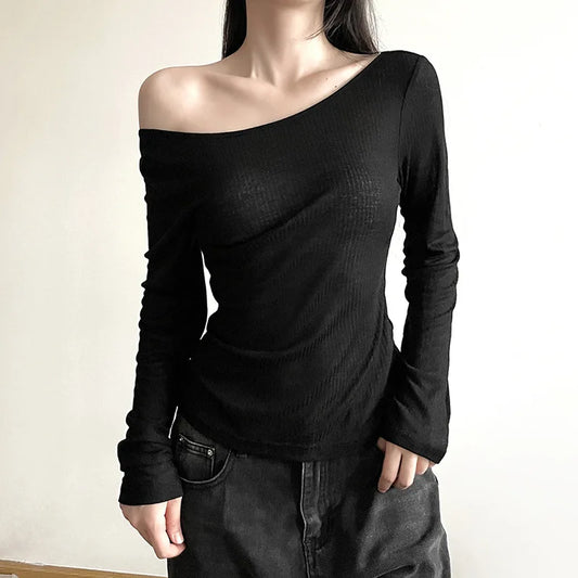 Long-sleeved Slash Neck Crops Tops Elastic