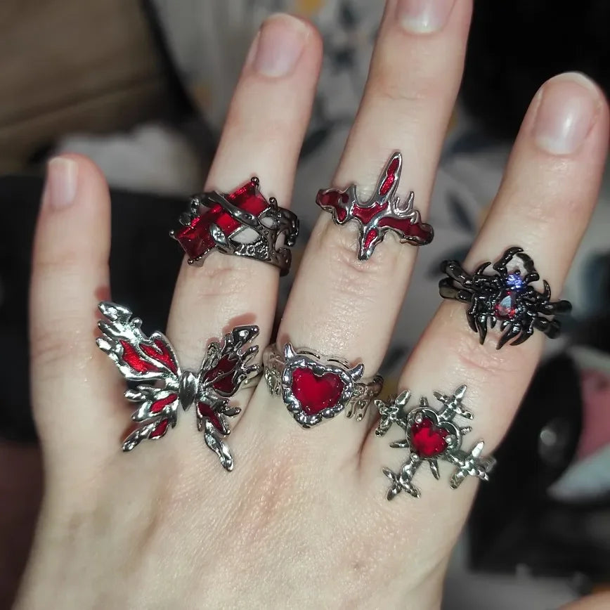 Goth Punk Retro Red Crystal  Ring